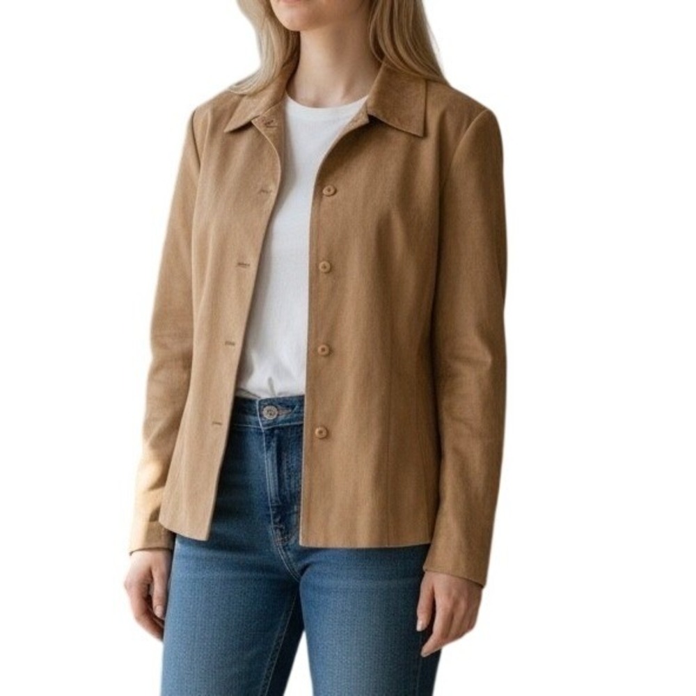 Vintage Talbots Faux Suede Jacket Womens Camel‎ Tan Button Front Blazer Lined